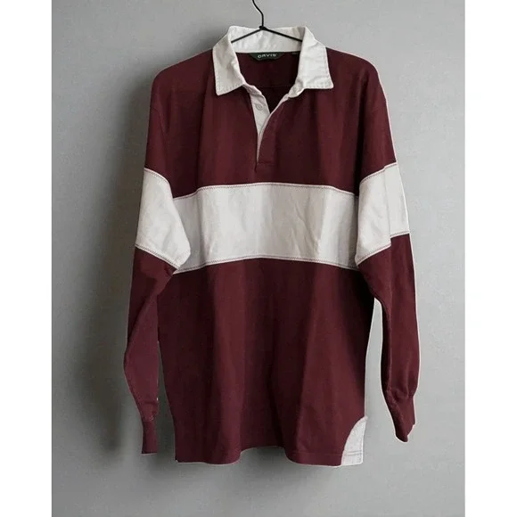 Orvis Rugby Shirt Men's Large Maroon White Striped Long Sleeve Cotton Polo - Picture 3 of 3